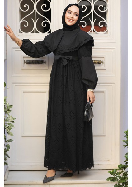 Güpürlü Siyah Tesettür Elbise 14212S fiyatları