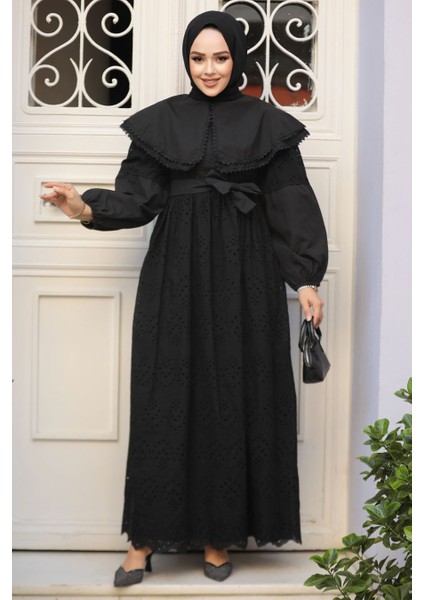 Güpürlü Siyah Tesettür Elbise 14212S modelleri