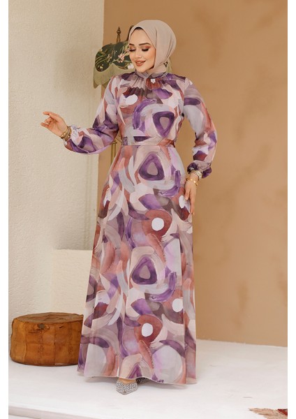 Desenli Lila Tesettür Elbise 27976LILA