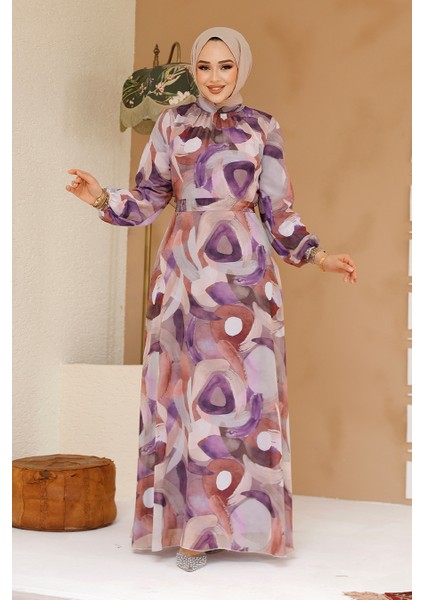 Desenli Lila Tesettür Elbise 27976LILA fiyatları
