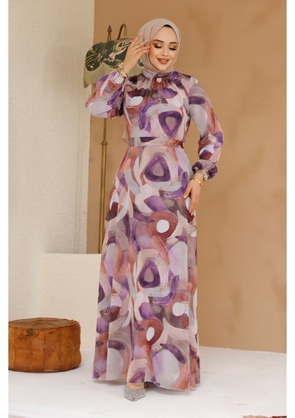 Desenli Lila Tesettür Elbise 27976LILA modelleri