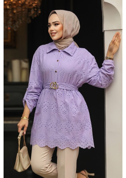 Güpürlü Lila Tesettür Tunik 14252LILA