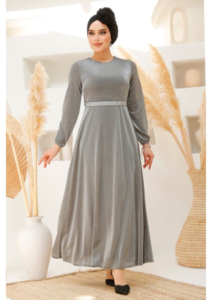 Simli Gri Tesettür Abiye Elbise 42541GR
