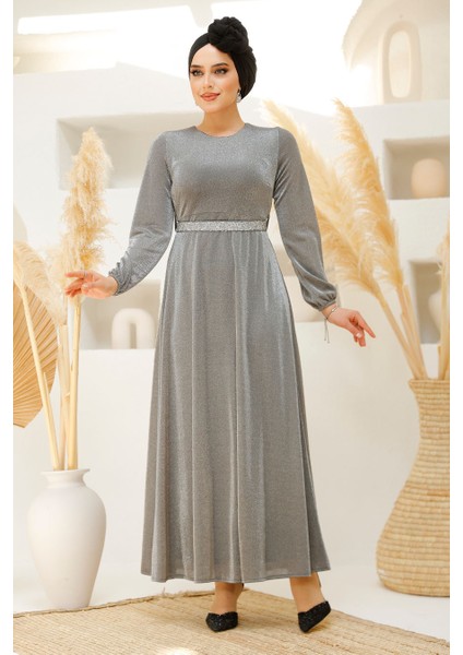Simli Gri Tesettür Abiye Elbise 42541GR fiyatları
