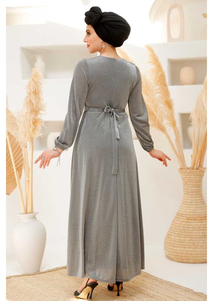 Simli Gri Tesettür Abiye Elbise 42541GR fırsatları