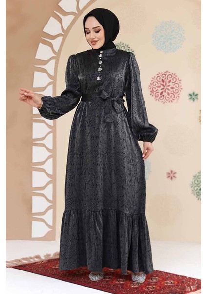 Taş Detaylı Siyah Tesettür Jakar Elbise 23891S