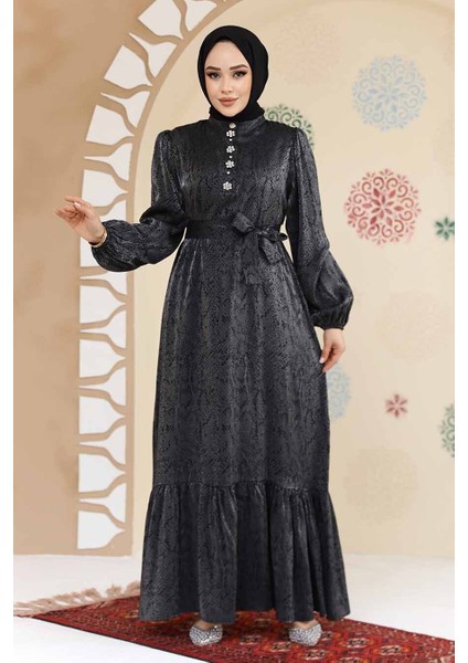 Taş Detaylı Siyah Tesettür Jakar Elbise 23891S modelleri