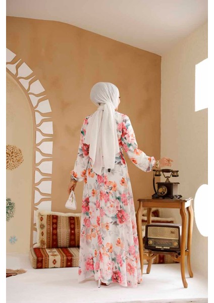 Çiçek Desenli Beyaz Pembe Tesettür Elbise 27962BP fırsatları