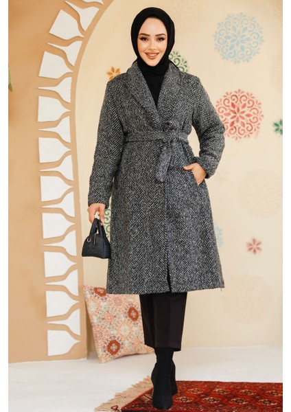 Çizgili Siyah Tesettür Kaşe Kap 60012S