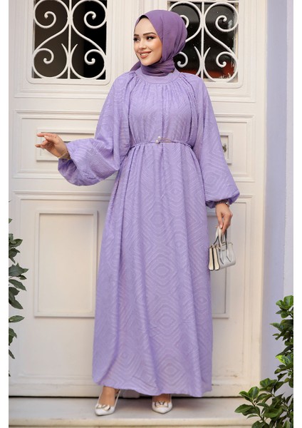 Desenli Lila Tesettür Elbise 14291LILA