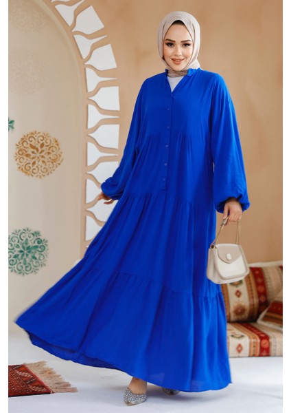 Kat Piliseli Sax Mavisi Tesettür Elbise 20612SX fiyatları
