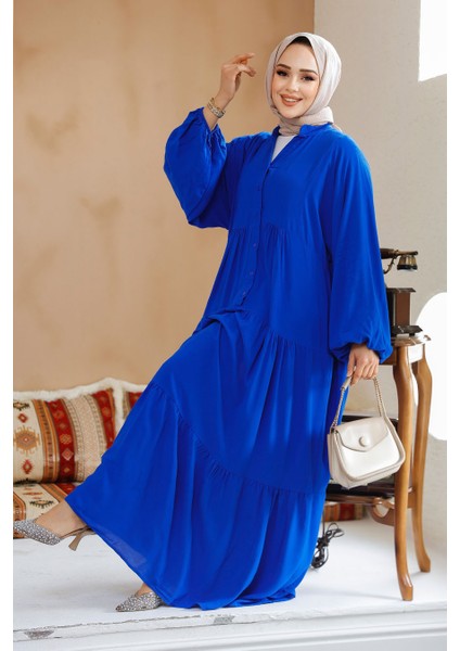 Kat Piliseli Sax Mavisi Tesettür Elbise 20612SX modelleri