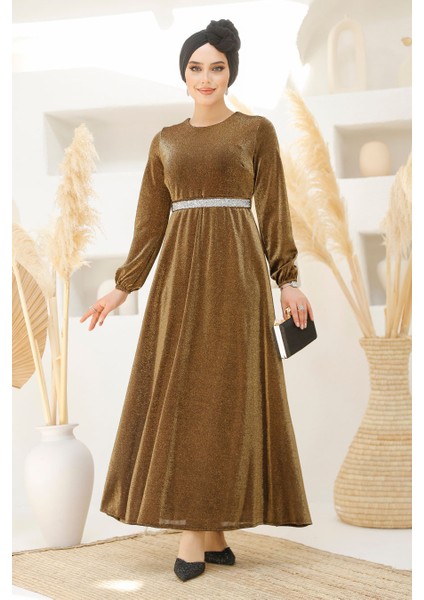Simli Gold Tesettür Abiye Elbise 42541GOLD