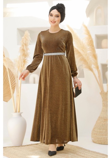 Simli Gold Tesettür Abiye Elbise 42541GOLD
