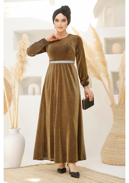 Simli Gold Tesettür Abiye Elbise 42541GOLD