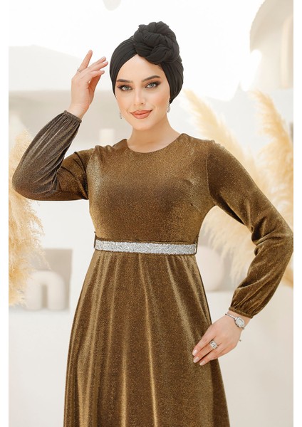 Simli Gold Tesettür Abiye Elbise 42541GOLD