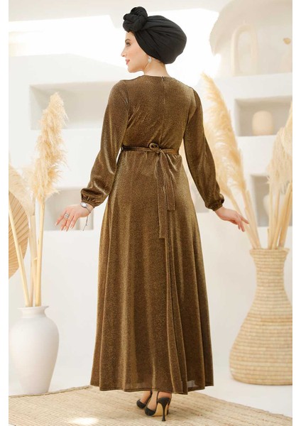 Simli Gold Tesettür Abiye Elbise 42541GOLD