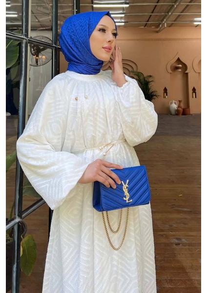 Desenli Beyaz Tesettür Elbise 14291B modelleri