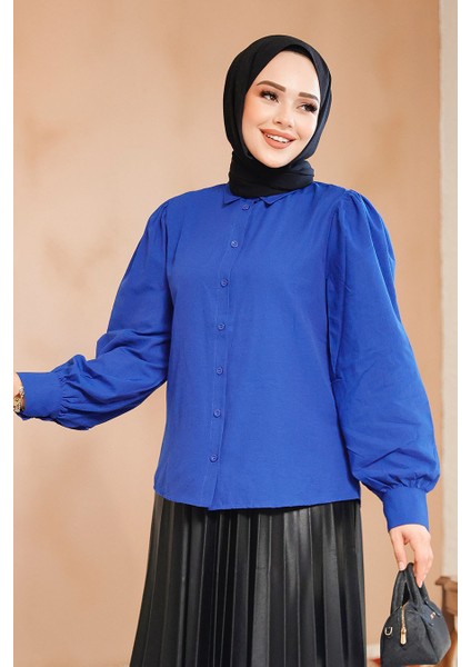 Düğmeli Sax Mavisi Tesettür Gömlek 52284SX fiyatları