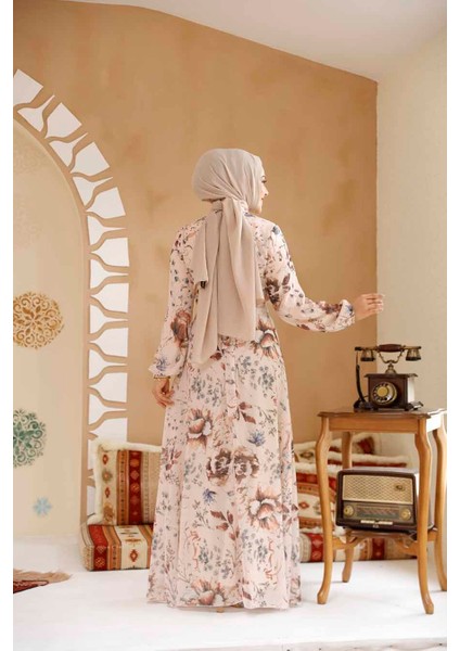 Çiçek Desenli Somon Tesettür Elbise 27963SMN