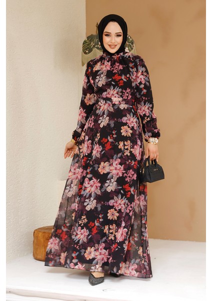 Çiçek Desenli Siyah Tesettür Elbise 27979S