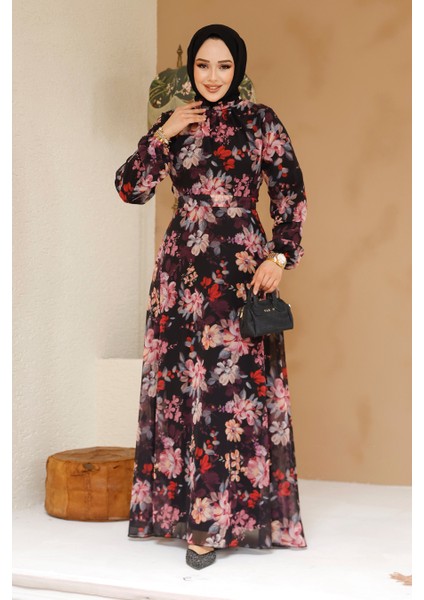 Çiçek Desenli Siyah Tesettür Elbise 27979S fiyatları