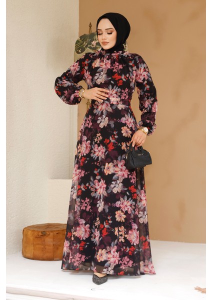 Çiçek Desenli Siyah Tesettür Elbise 27979S modelleri