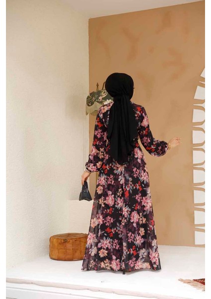 Çiçek Desenli Siyah Tesettür Elbise 27979S fırsatları