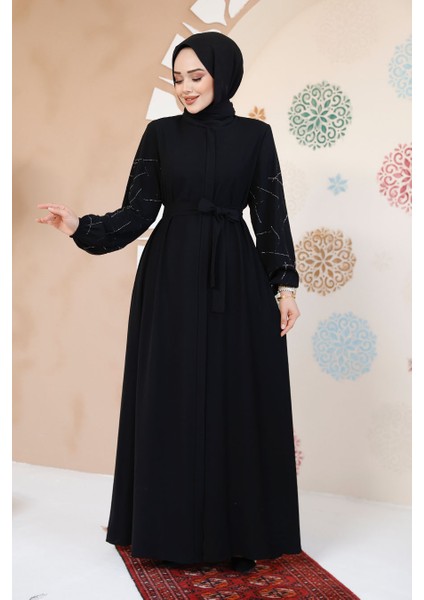 Kolları Desenli Siyah Tesettür Abaya 61366S