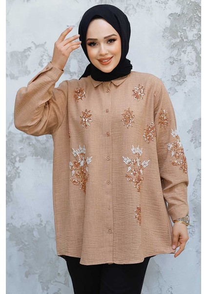 Boncuk Işlemeli Camel Tesettür Gömlek 45270C