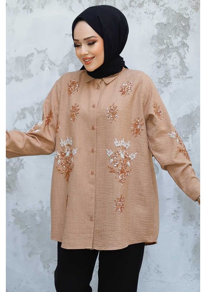 Boncuk Işlemeli Camel Tesettür Gömlek 45270C fiyatları