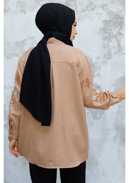 Boncuk Işlemeli Camel Tesettür Gömlek 45270C modelleri