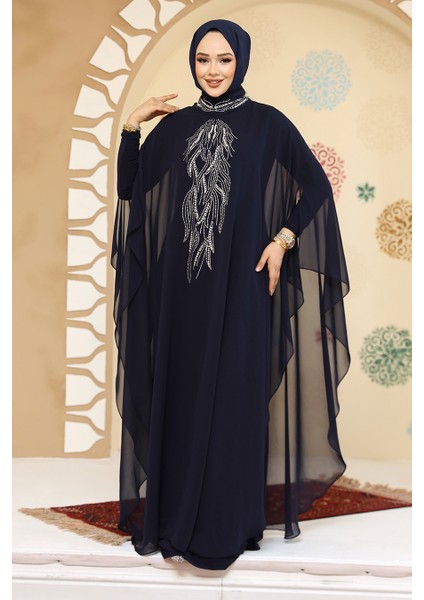 Panço Detaylı Lacivert Tesettür Abaya 25914L
