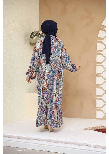 Çiçek Desenli Lila Tesettür Elbise 23454LILA