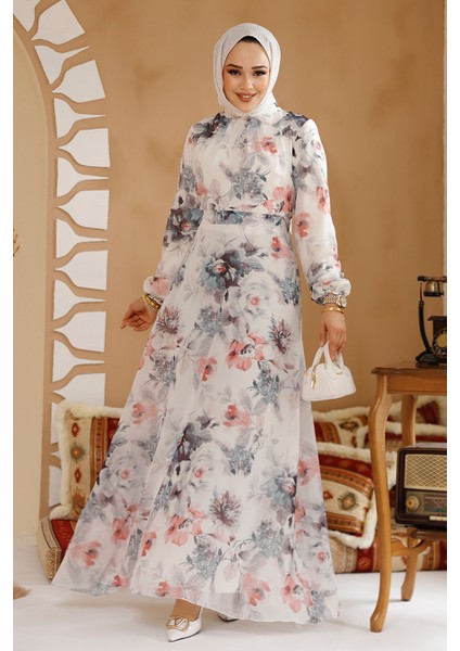 Çiçek Desenli Beyaz Gri Tesettür Elbise 27962BGR