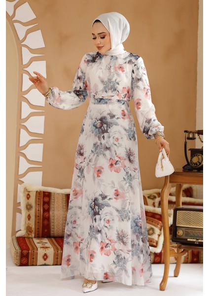 Çiçek Desenli Beyaz Gri Tesettür Elbise 27962BGR modelleri