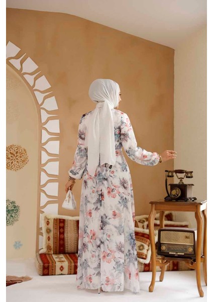 Çiçek Desenli Beyaz Gri Tesettür Elbise 27962BGR fırsatları