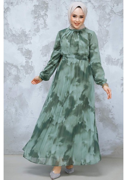 Desenli Haki Tesettür Elbise 34469HK