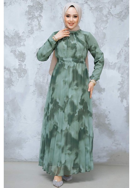 Desenli Haki Tesettür Elbise 34469HK fiyatları