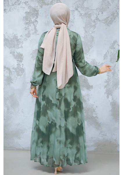 Desenli Haki Tesettür Elbise 34469HK modelleri