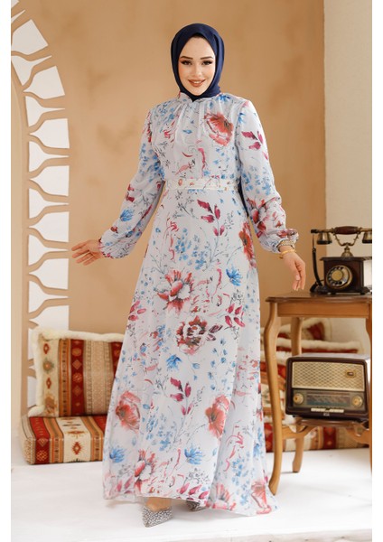 Çiçek Desenli Gri Tesettür Elbise 27963GR