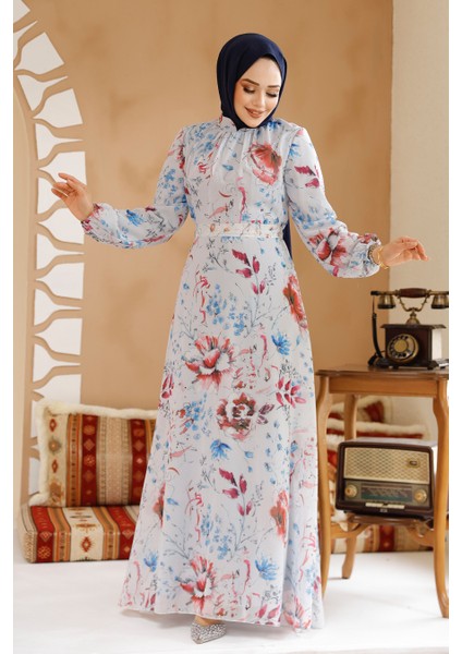 Çiçek Desenli Gri Tesettür Elbise 27963GR