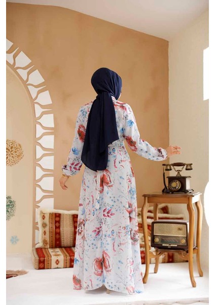 Çiçek Desenli Gri Tesettür Elbise 27963GR