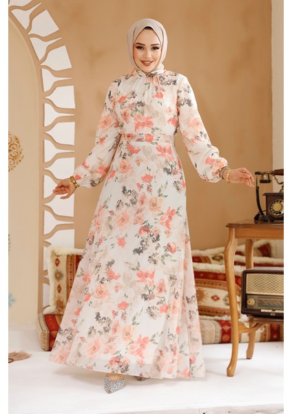 Çiçek Desenli Ekru Tesettür Elbise 27964E