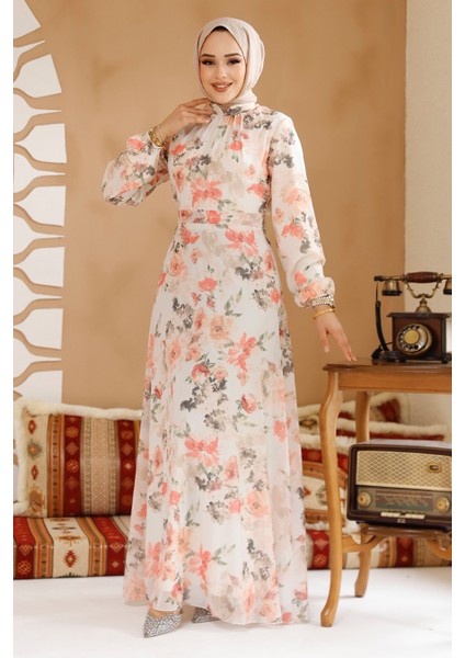 Çiçek Desenli Ekru Tesettür Elbise 27964E fiyatları