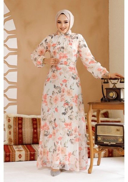 Çiçek Desenli Ekru Tesettür Elbise 27964E modelleri