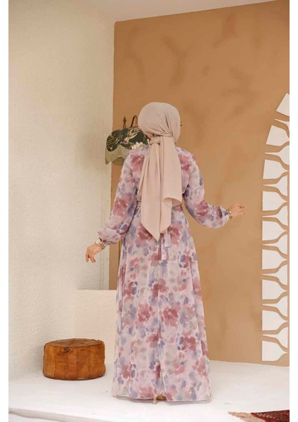 Çiçek Desenli Pudra Tesettür Elbise 27978PD