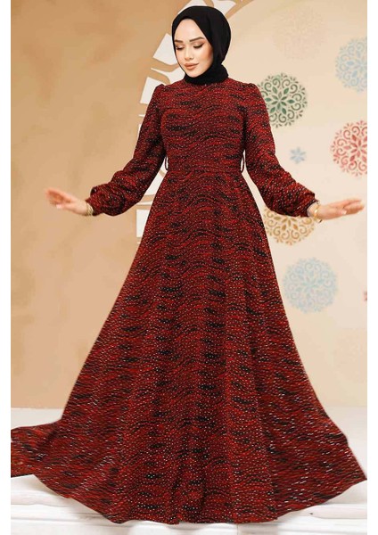 Taş Boncuk Işlemeli Bordo Tesettür Elbise 23882BR