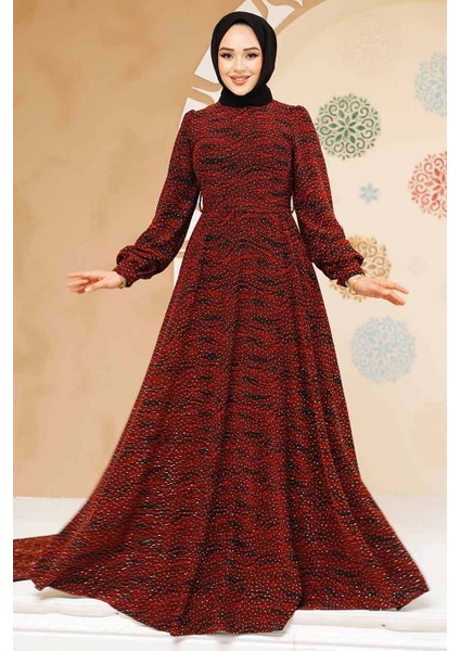 Taş Boncuk Işlemeli Bordo Tesettür Elbise 23882BR fiyatları