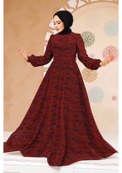 Taş Boncuk Işlemeli Bordo Tesettür Elbise 23882BR modelleri